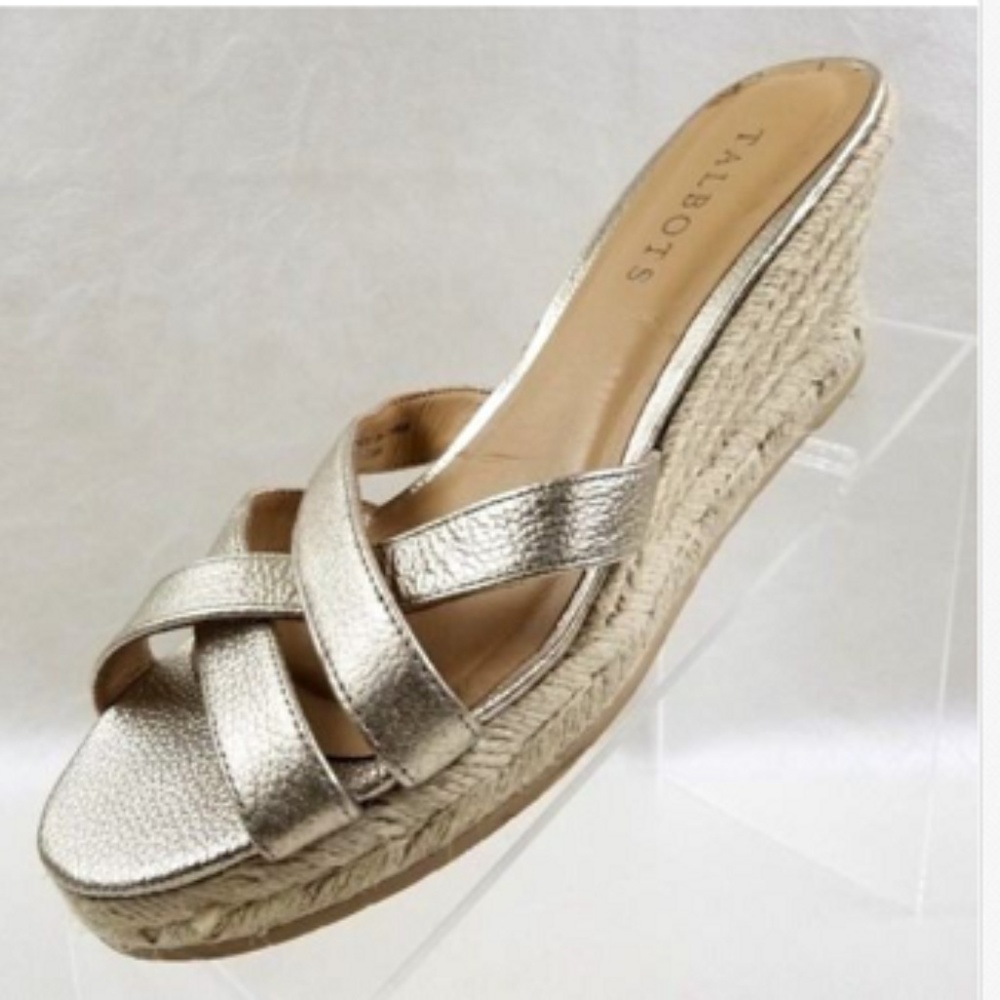 Talbots Gold Leather Espadrille Wedge Sandals 7.5M